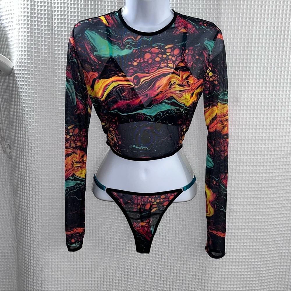 Ladies Trippy swirl 3 piece rave set (bra, thong & crop top) size large
